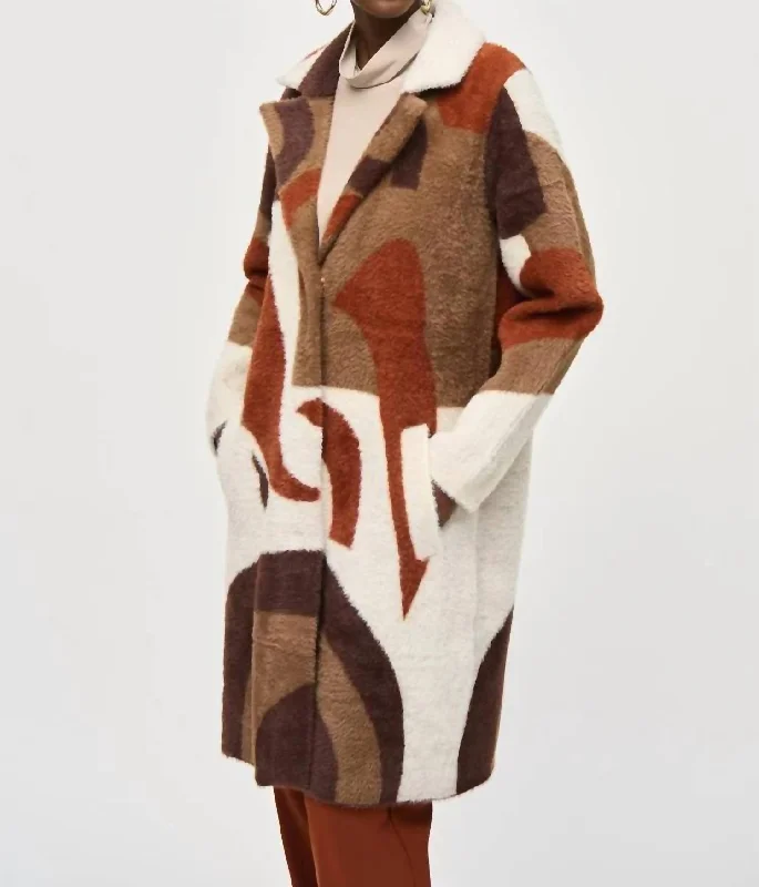 Abstract Print Feather Yarn Sweater Coat In Cinnamon Multi Ribbed Striped Patterned