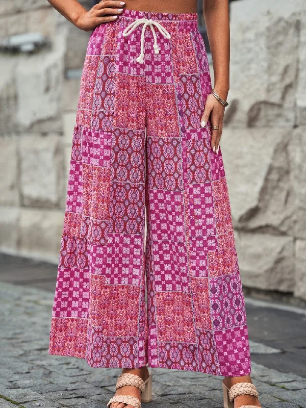 Bohemian Purple Patchwork Wide Leg Drawstring Trousers Trousers Satin Smooth