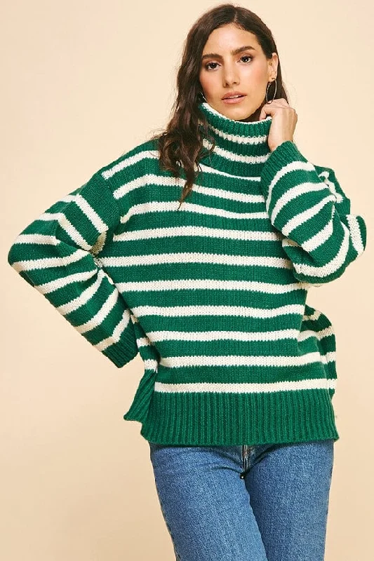 Pinch Oversized Striped Turtle Neck Sweater in Green Silk Blend Satin Velvet