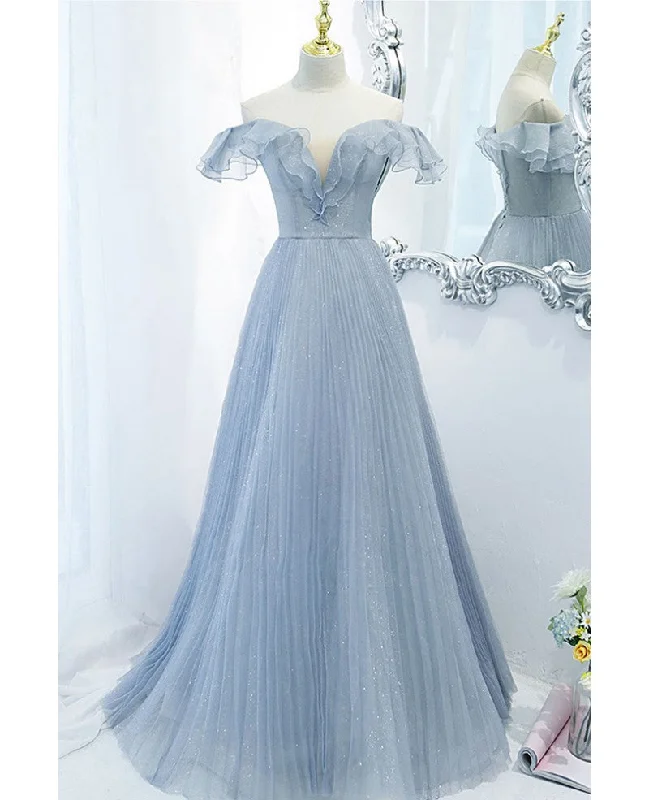 Sweet Sky Blue Sparkling Pleated Short sleeved Off Shoulder Ball Dress Sky Blue A-line Princess Backless Tie with Ruffle Edge and Floor Length Evening Dress Tunics Velvet soft