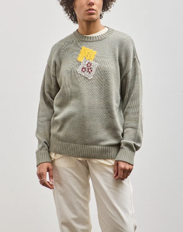 Kapital 5G Knit RAINBOWY Crew Sweater, Gray Cashmere Blend Cotton Blend Poly Blend