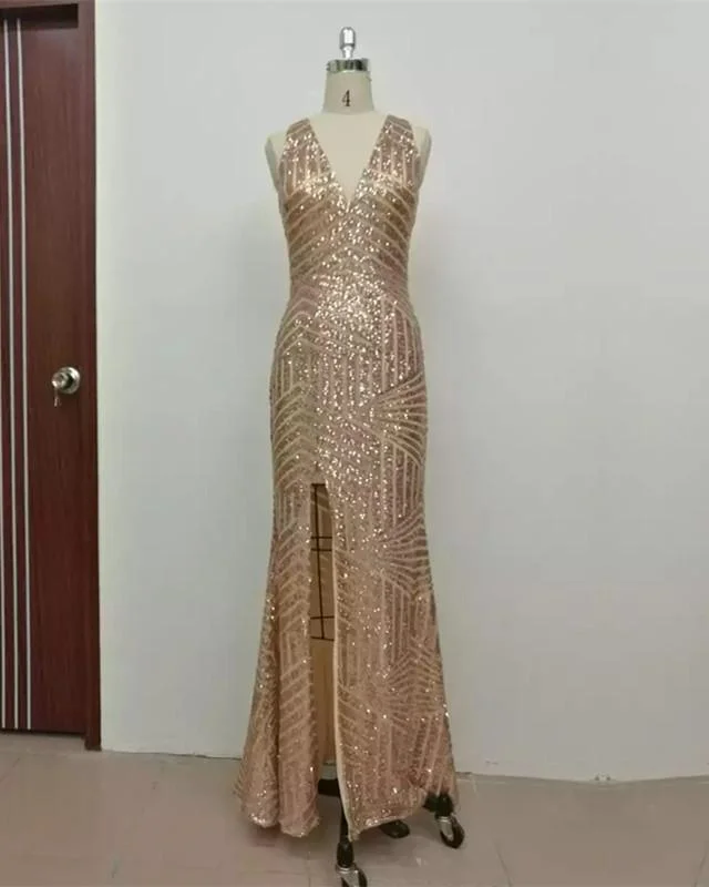 Sexy Leg Split Open Back Mermaid Sequins Prom Dresses Maxi Flowy Bohemian