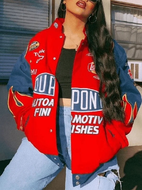 Logo Print Moto Varsity Jacket Hoodie Zip-Up Jacket Button-Up Jacket