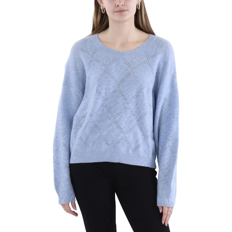 Womens Open Stitch Ribbed Trim Crewneck Sweater High Neck Crew Neck V-Neck