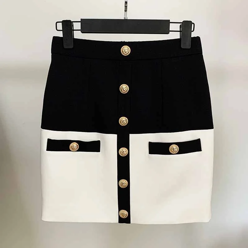 Women Tight Skirt Black and White Formal Skirt Gold-tone Mini Wrap Hip Skirt chiffon skirt flowing