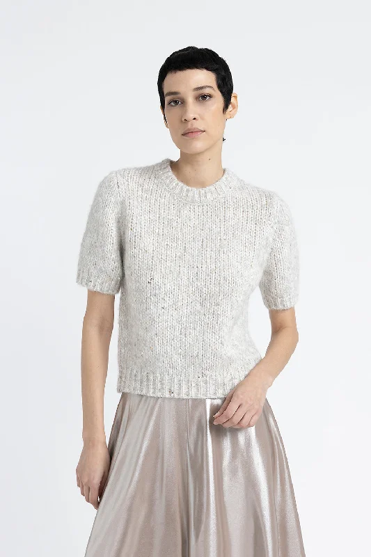Short-sleeved sweater in an alpaca blend mouliné yarn with sequins Turtle Neck Boat Neck Asymmetrical Neck