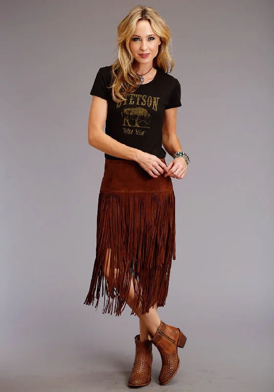 Stetson Womens Long Fringe Brown Leather Skirt denim skirt trendy