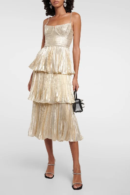 Metallic Tiered Pleated Dress Tunics Sophisticated sleek