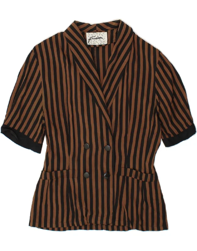 FUSION Womens Short Sleeve Blazer Jacket UK 14 Large Brown Striped Front Pockets Side Pockets Patch Pockets