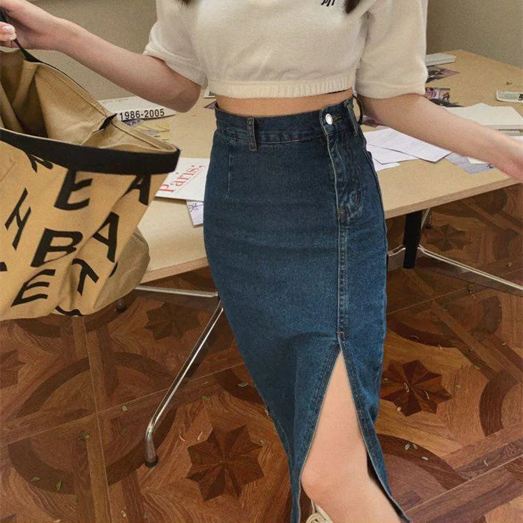 Women's Summer Thin Vintage Split Denim Skirt lace skirt romantic