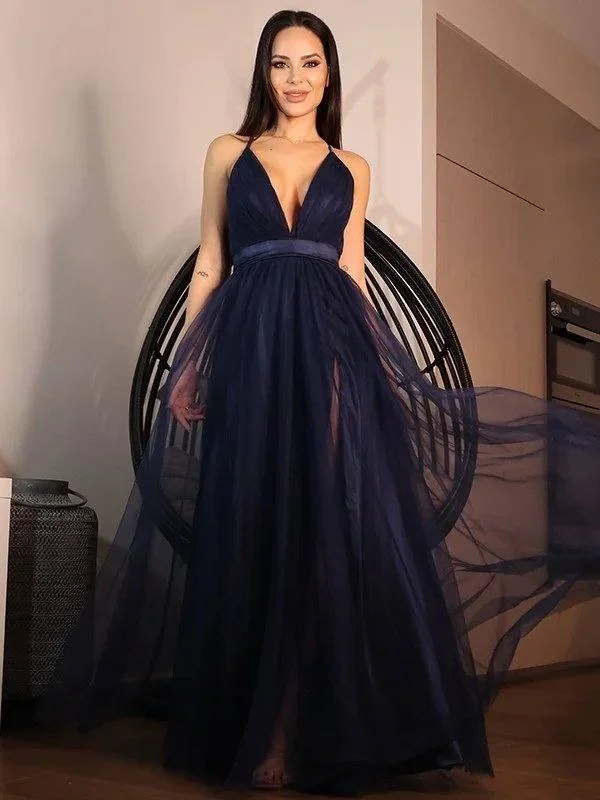 A-Line/Princess Tulle Ruffles V-neck Sleeveless Floor-Length Dresses Tunics Practical durable