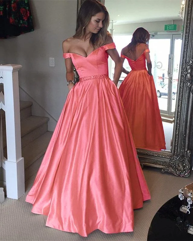 Long Satin V-neck Off Shoulder Prom Dresses Beaded Sashes Tunics Yoga stretchy