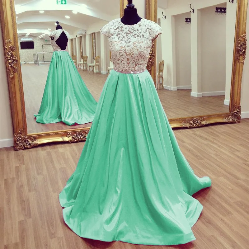 Modest Lace Cap Sleeves Open Back Satin Prom Dresses 2017 Long Tunics Ceremony elegant