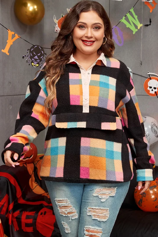 Black Plus Size Checkered Print Sherpa Henley Sweatshirt Hoodie with Hidden Zipper Minimalist Clean
