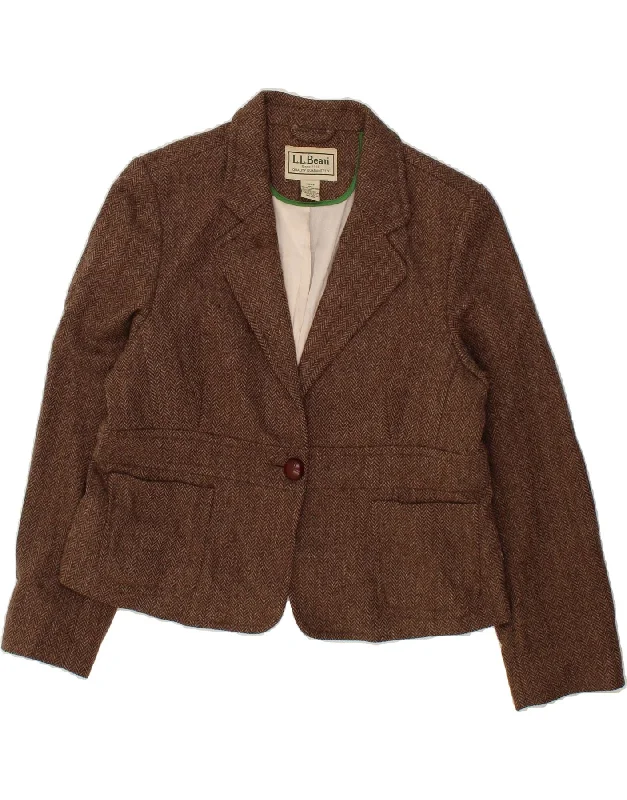 L.L.BEAN Womens Petite 1 Button Blazer Jacket US 18 2XL Brown Herringbone Collared Jacket Crew Neck Jacket Turtle Neck Jacket