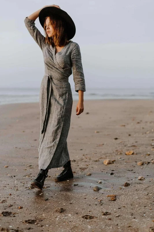 Long Wrap Linen Dress in Grey Melange Tunics Sophisticated sleek