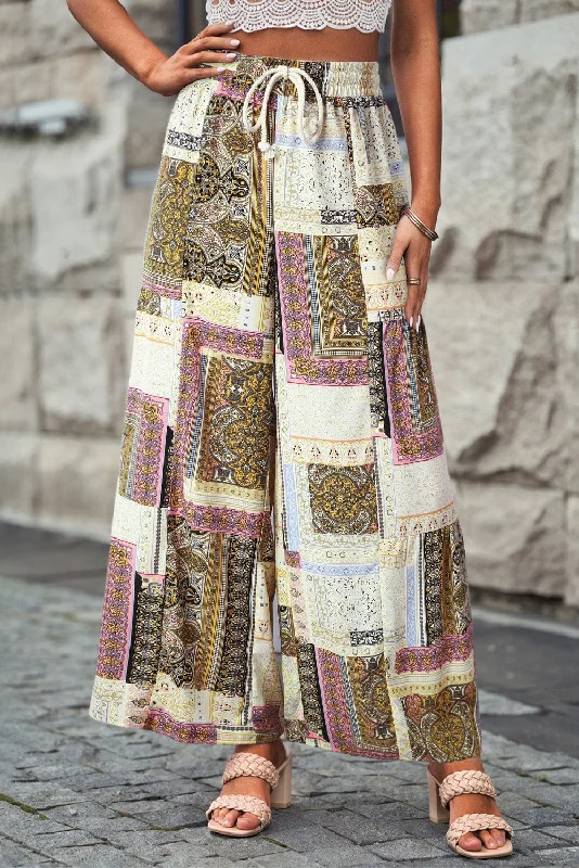 Sunshine Bohemian Patchwork Print Wide Leg Trousers Trousers Fleece Cozy