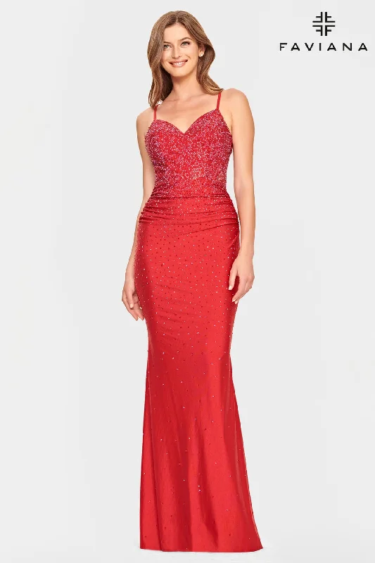Red V Neck Dress With Corset Back And Rhinestone Beading | S10800 Tunics Distressed trendy