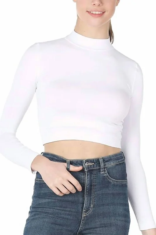 Mock Neck Crop Top In White Print Jacquard Patchwork