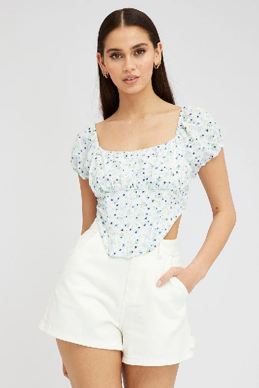Blue Ditsy Crop Top Short Sleeve Square Neck Machine Wash Dry Clean Hand Wash