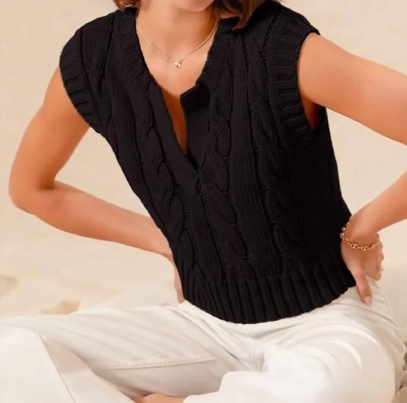 Notched Neck Cable Knit Sweater Vest In Black Mesh Fabric Canvas Fabric Denim Fabric Notched Neck Cable Knit Sweater Vest In Black Mesh Fabric Canvas Fabric Denim Fabric