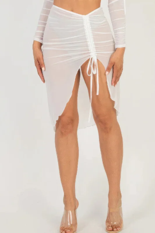 Sexy Sheer Mesh Drawstring Ruched Skirt silk skirt luxurious
