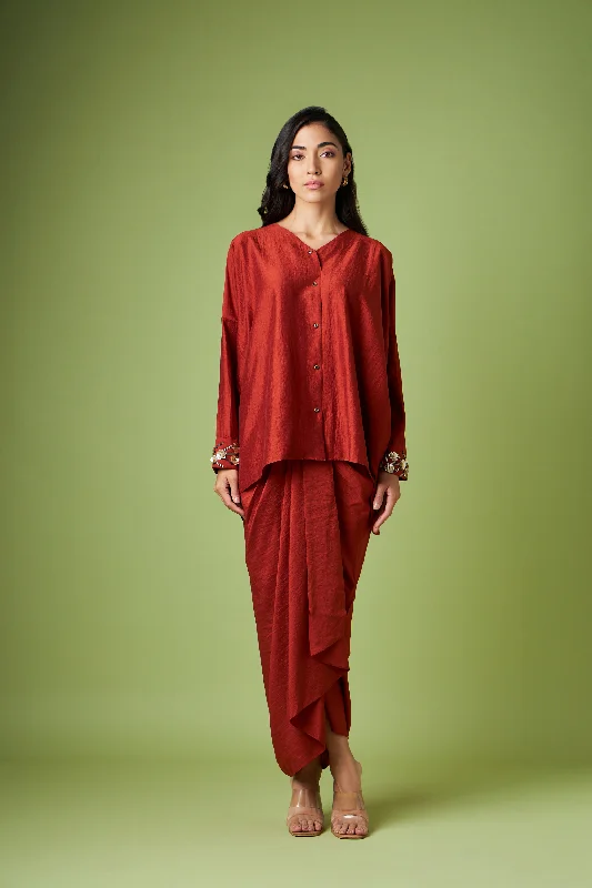 Rust Orange Tunic Skirt Set With Rose Gold Embellishment boho skirt vibe