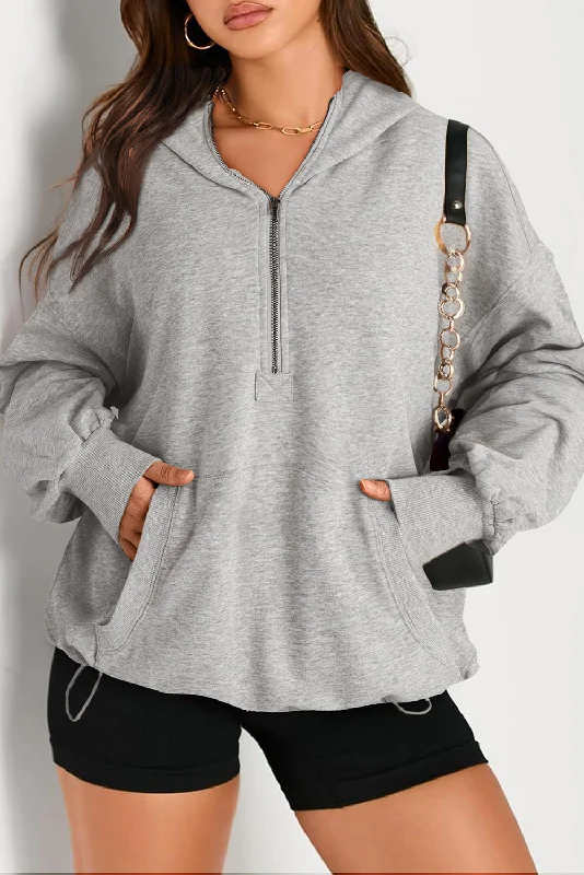 Solid Kangaroo Pocket Half Zipper Oversized Hoodie Hoodie with Fur Luxurious Winter