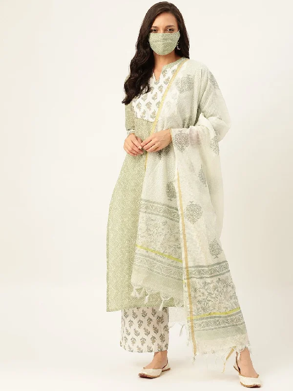 Women's Green Printed Kurta With Dupatta & Trouser - Maaesa Trousers Fall Fleece
