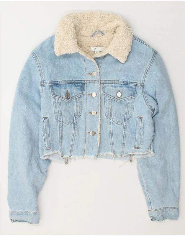TOPSHOP Womens Crop Denim Sherpa Jacket UK 8 Small Blue Cotton Tailored Jacket Straight Jacket A-Line Jacket TOPSHOP Womens Crop Denim Sherpa Jacket UK 8 Small Blue Cotton Tailored Jacket Straight Jacket A-Line Jacket