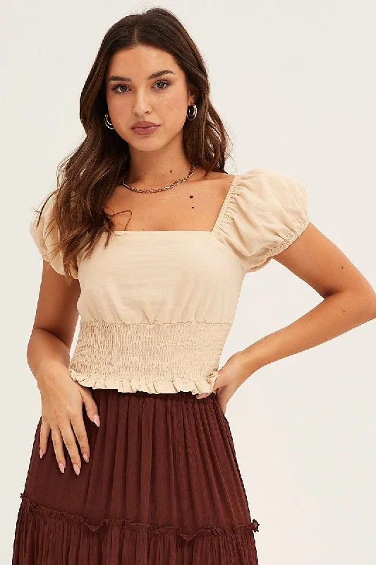Beige Crop Top Puff Sleeve Solid Print Embellished