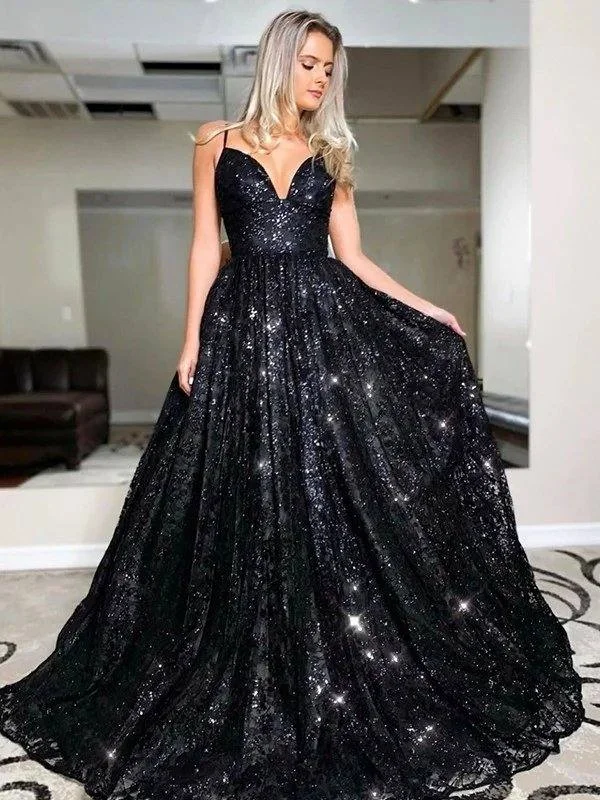 A-Line/Princess Sweep/Brush Train V-neck Sequin Sleeveless Sequins Dresses Halter Neckline Beach