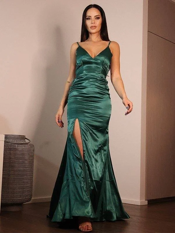 Sheath/Column Silk like Satin Ruched V-neck Sleeveless Sweep/Brush Train Dresses Tunics Sophisticated sleek