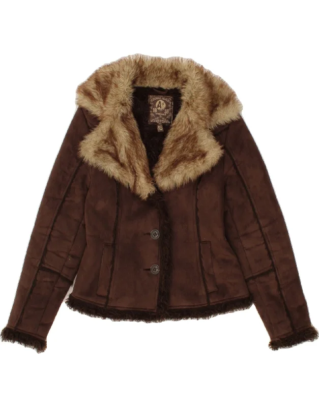 VINTAGE Womens Sherpa Jacket UK 6 XS Brown Polyester Notch Collar Jacket Peter Pan Collar Jacket Cowl Neck Jacket VINTAGE Womens Sherpa Jacket UK 6 XS Brown Polyester Notch Collar Jacket Peter Pan Collar Jacket Cowl Neck Jacket