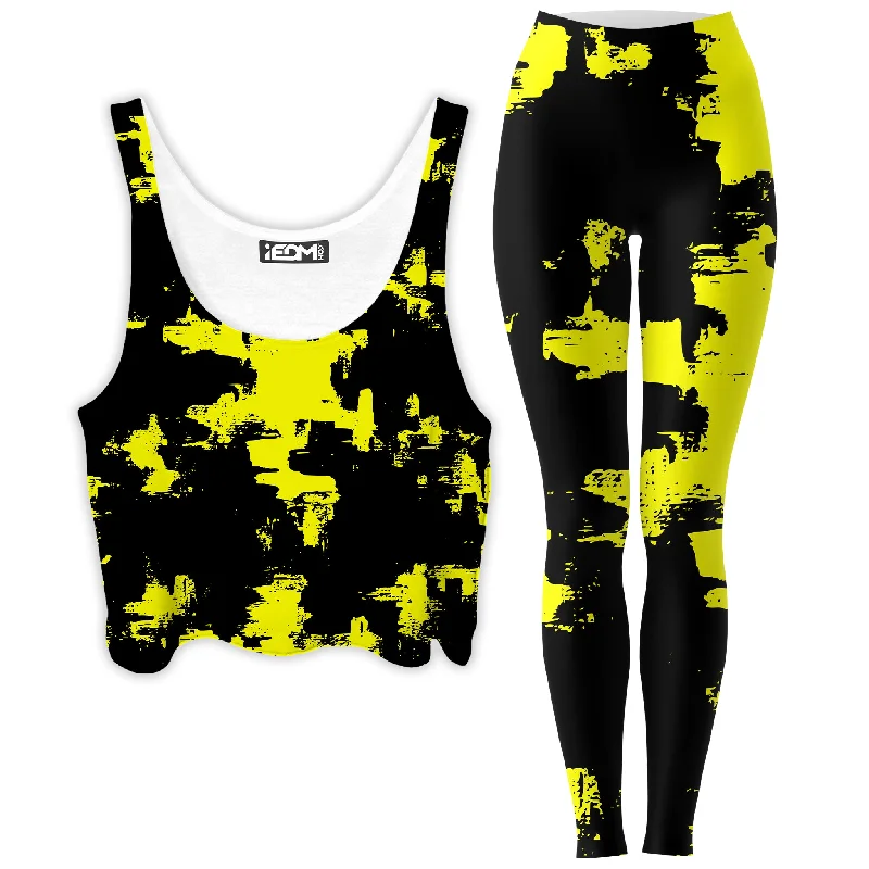 Black and Yellow Abstract Crop Top and Leggings Combo Seamless Knitted Crochet