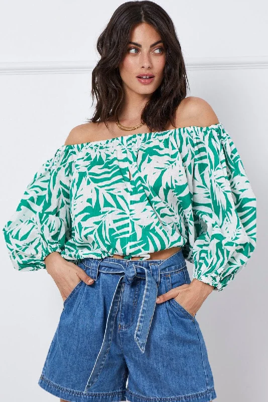 Trop Print Crop Top Long Sleeve Off Shoulder Denim Fabric Leather Fabric Suede Fabric