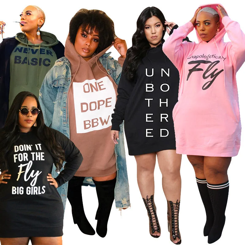 Cross-Border Stylish Sweater Hot Fashion Letter Print Casual Large Size Women's Dress (+) Zippered Buttoned Snapped