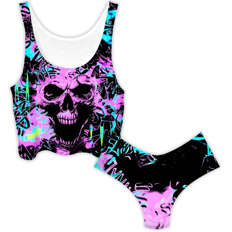 Skull Graffiti Crop Top and Booty Shorts Combo Fleece Fabric Down Fabric Feather Fabric