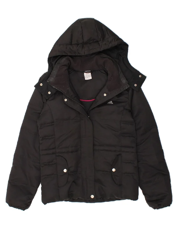 ADIDAS Womens Hooded Padded Jacket UK 12 Medium Black Denim Fabric Leather Fabric Suede Fabric ADIDAS Womens Hooded Padded Jacket UK 12 Medium Black Denim Fabric Leather Fabric Suede Fabric