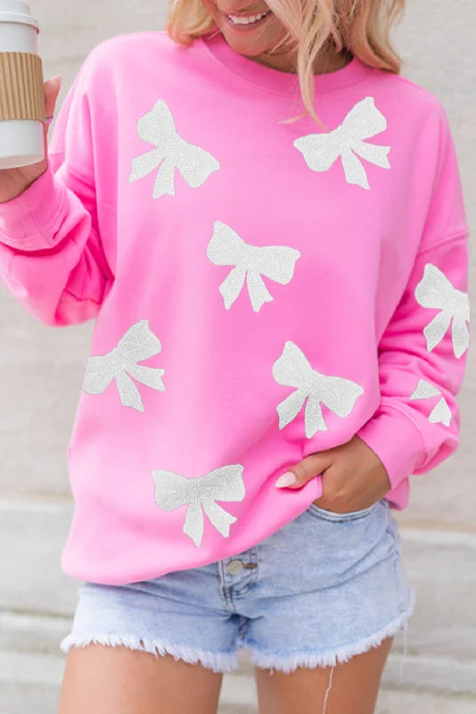 Bonbon Sequin Bowknot Graphic Drop Shoulder Pullover Sweatshirt Hoodie with Stripes Bold Sporty Bonbon Sequin Bowknot Graphic Drop Shoulder Pullover Sweatshirt Hoodie with Stripes Bold Sporty