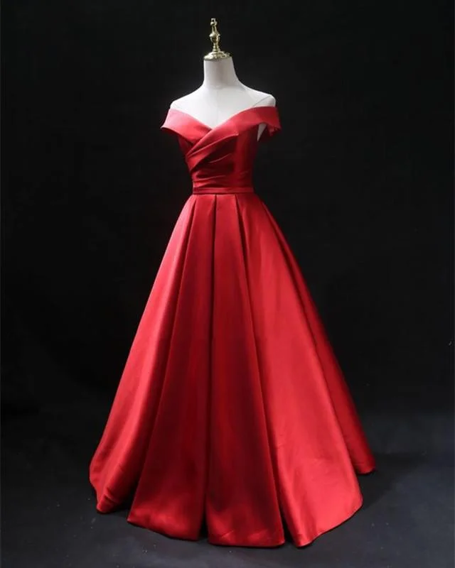 Long Red Satin Prom Dresses 2019 Off The Shoulder Evening Gowns Elegant Long Evening