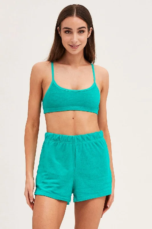 Green Crop Top Terry Welt Pockets Slit Pockets Flap Pockets