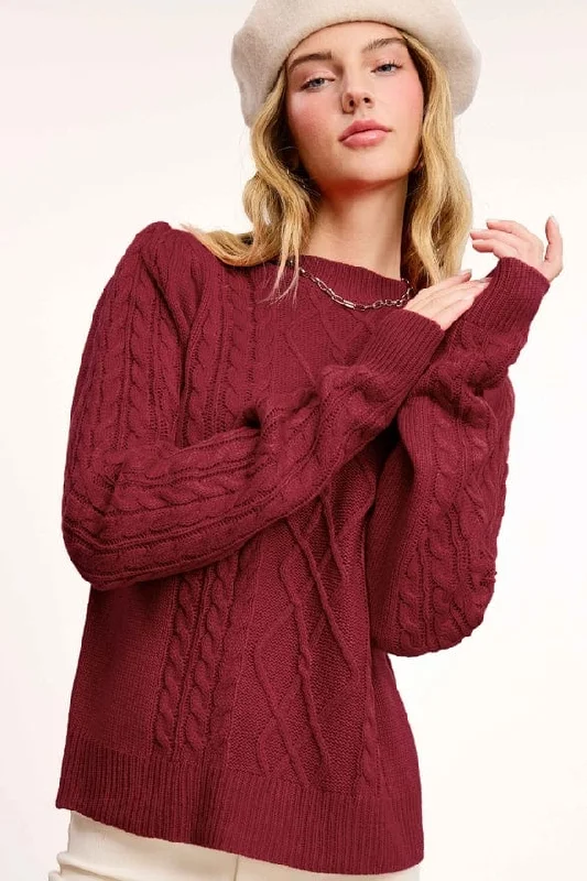 La Miel Cable Knit Crew Neck Sweater in Deep Maroon Cashmere Blend Cotton Blend Poly Blend