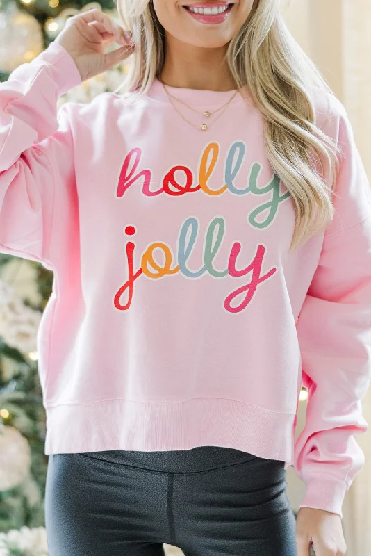Pink holly jolly Printed Round Neck Christmas Sweatshirt Hoodie with Elastic Cuffs Stretchable Comfortable