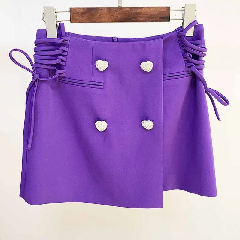 Hight Waisted Purple Lace-up Skirt Gold-tone Mini Skirt linen skirt natural