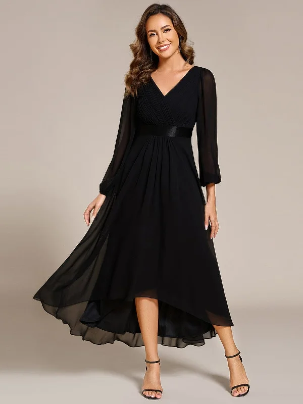 Long Sleeve A Line Chiffon Pleated Asymmetrical Hem Formal Dress Tunics Stylish modern