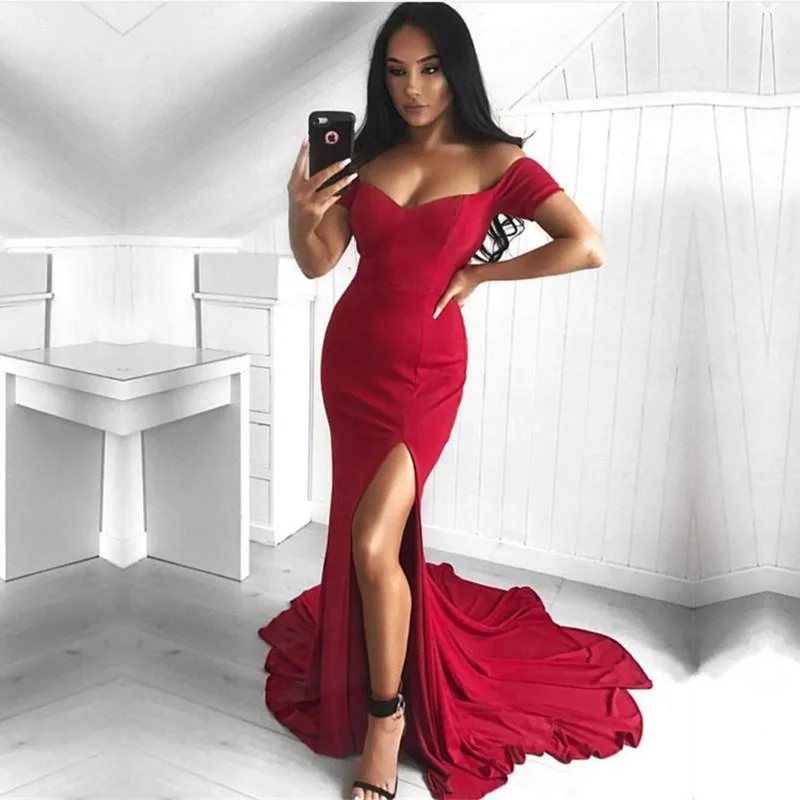 Off The Shoulder V-neck Long Jersey Mermaid Prom Dresses 2018 Tunics Modern contemporary