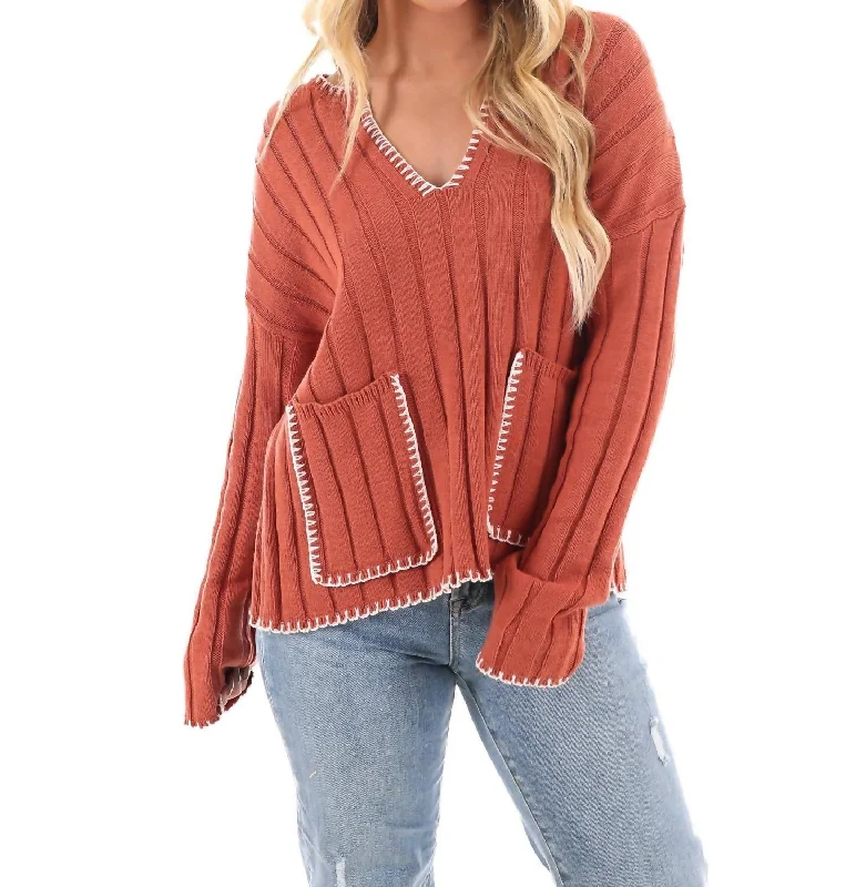 Ribbed Bliss Knit Sweater In Rust/ivory Ribbed Striped Patterned