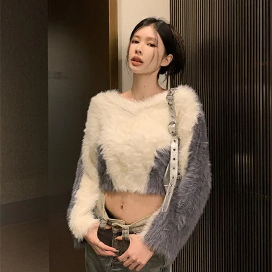 Women's Autumn And Winter V-neck Mink Fur Short Sweater Fitted Loose Oversized