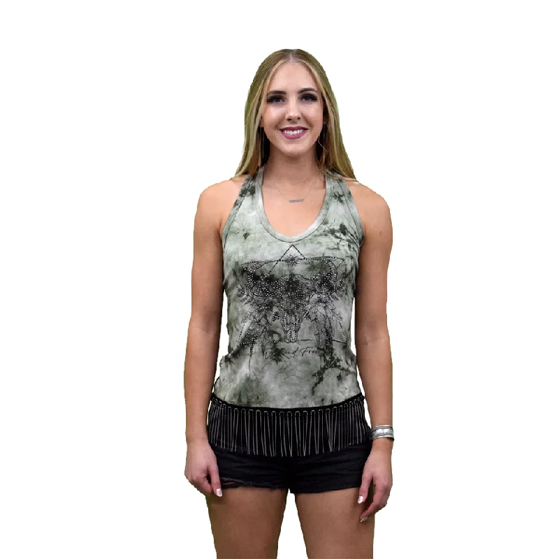 Liberty Wear Ladies Wild and Free Fringe Olive Tie Dye Tank Top 7722 flirty tank top